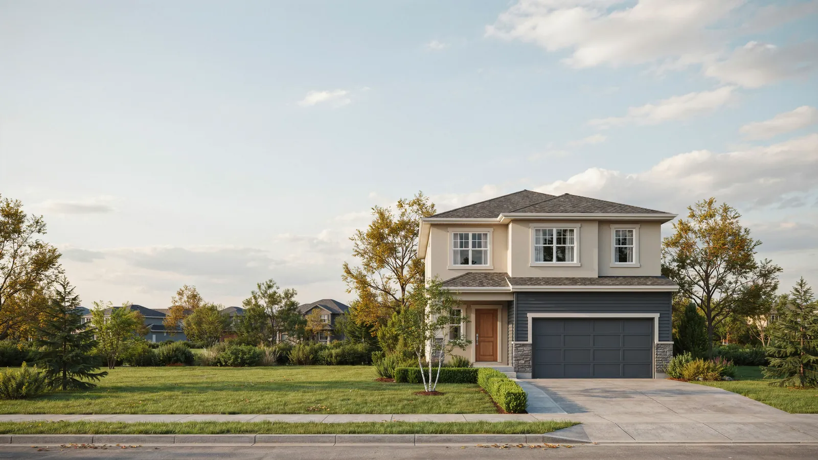 A two storey suburban house at dusk, a home whose owner is behind on mortgage payments in Edmonton