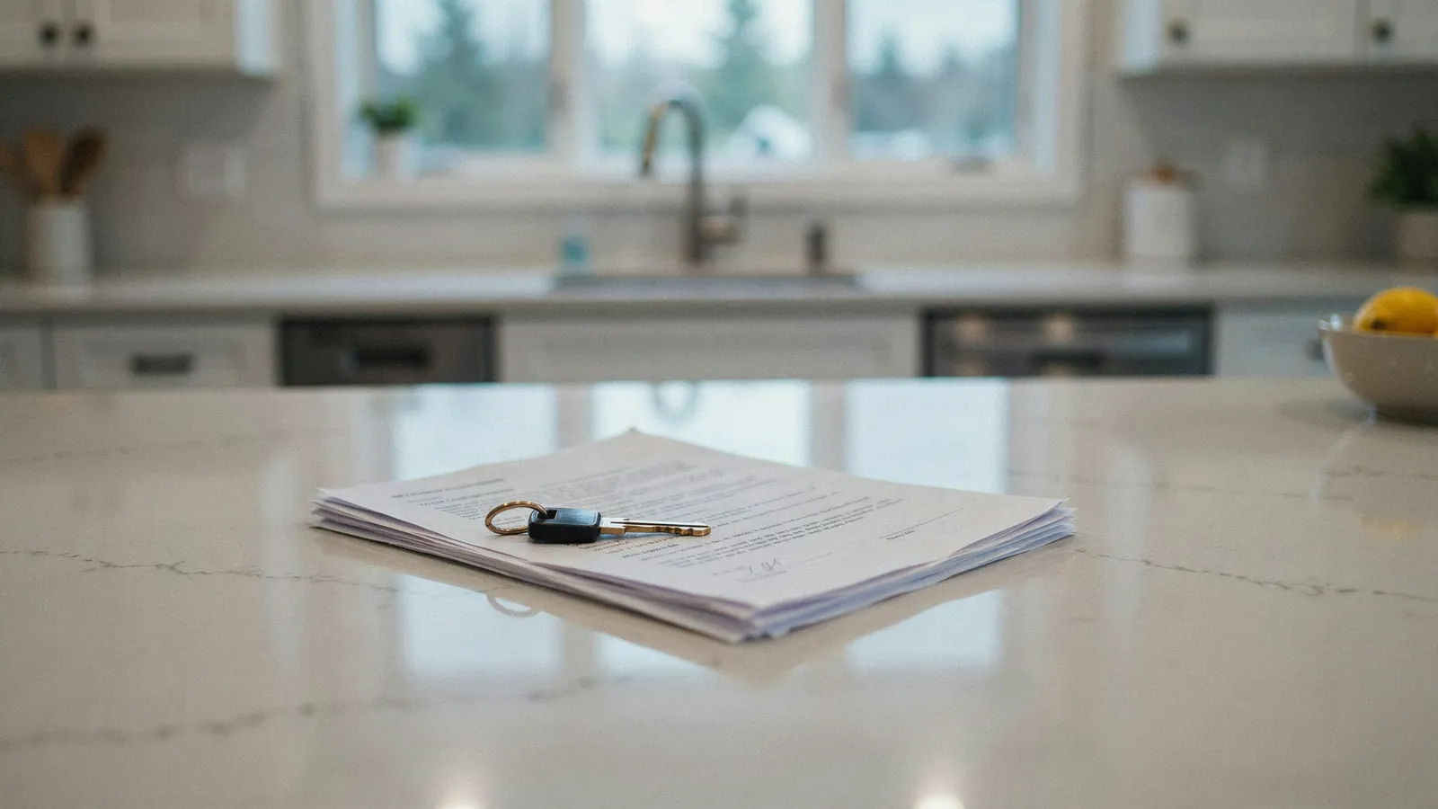 House keys resting on sale paperwork on a kitchen counter, a cash offer on a home in Edmonton