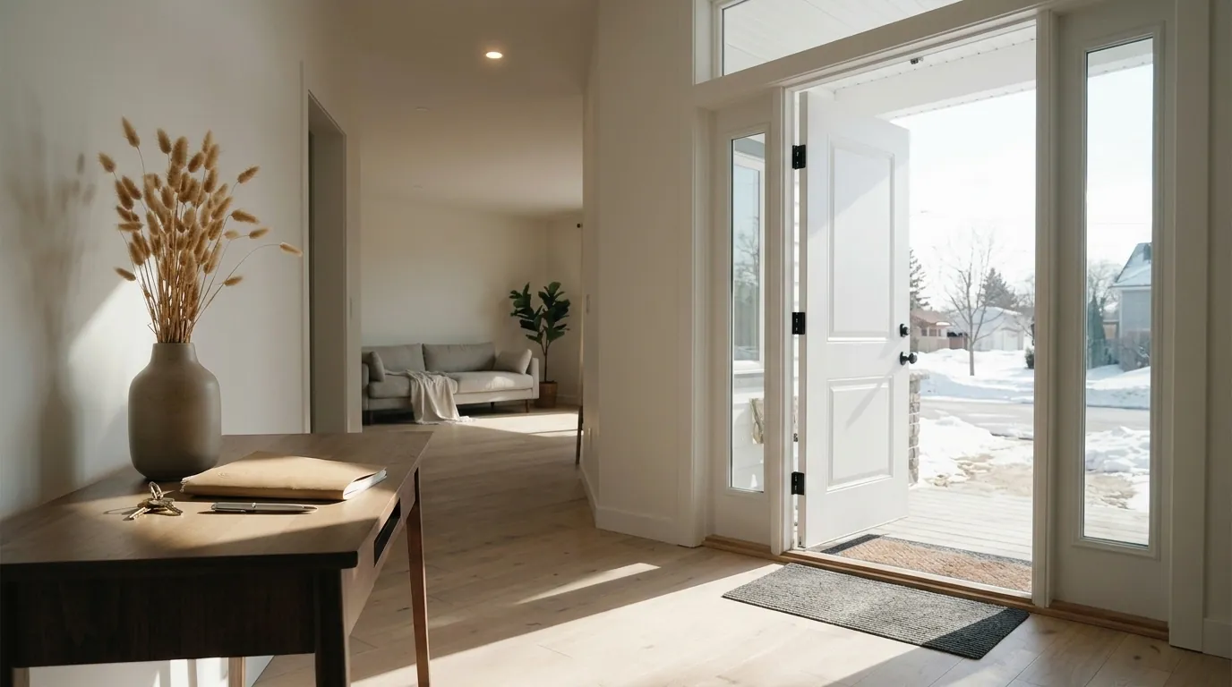 An open front door onto a bright hallway, the alternatives to foreclosure still open in Edmonton