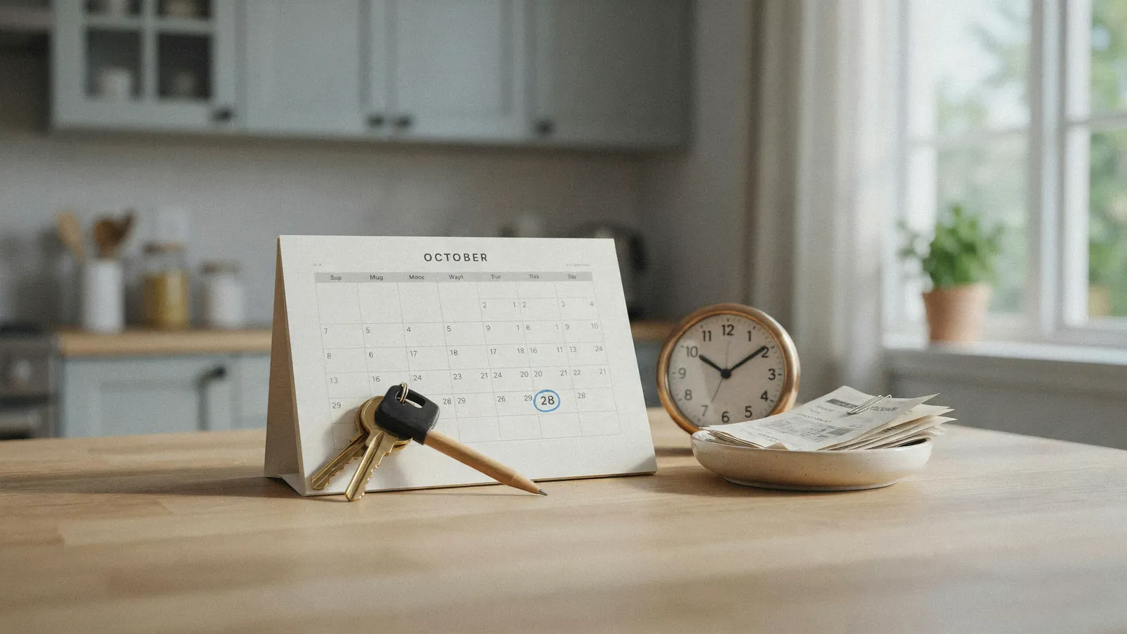 House keys resting beside a paper calendar with a date circled, marking the foreclosure timeline in Edmonton