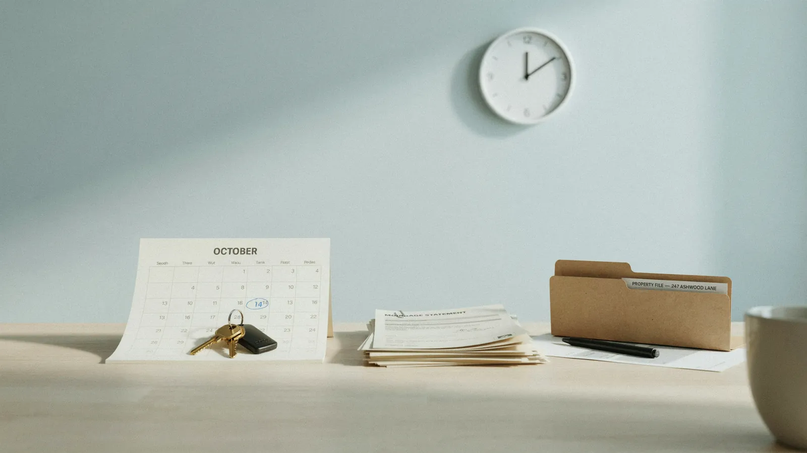 A residential property file open on a desk with calendar pages and a pen, showing how the foreclosure process in Edmonton moves stage by stage