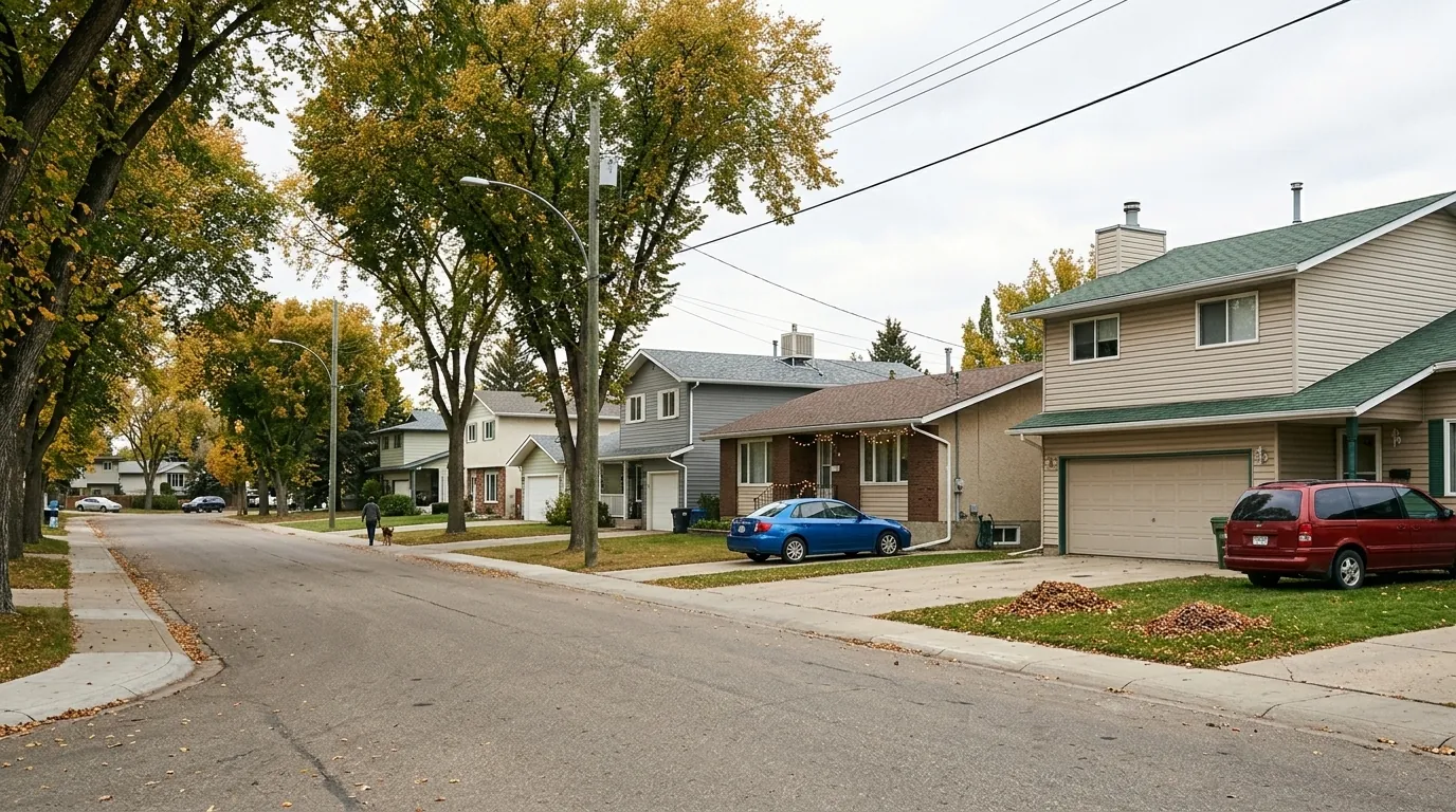 An ordinary residential street of Edmonton homes, where a foreclosure can reach any stage of the process